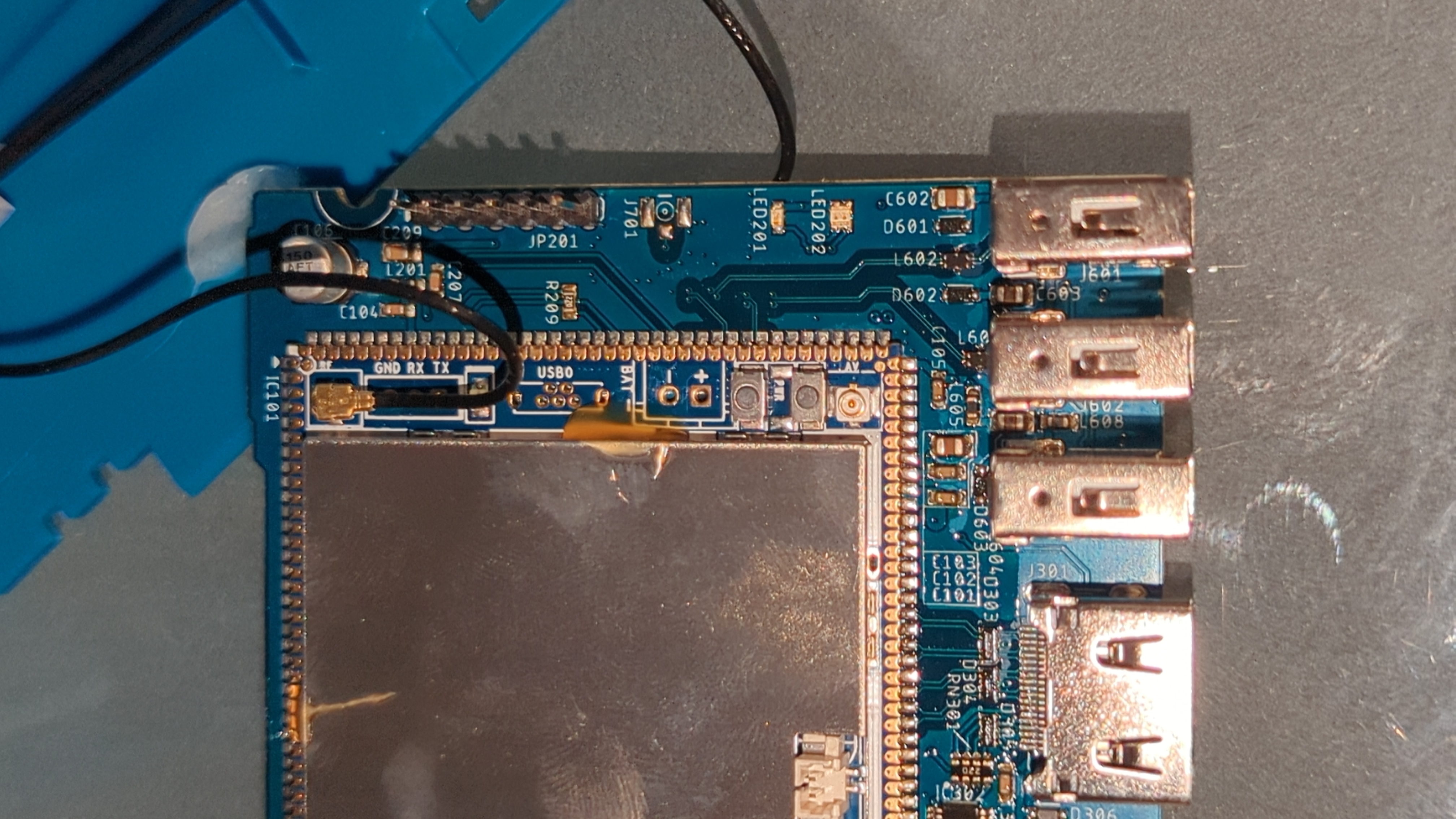 The debug connector on the front side on the mainboard.